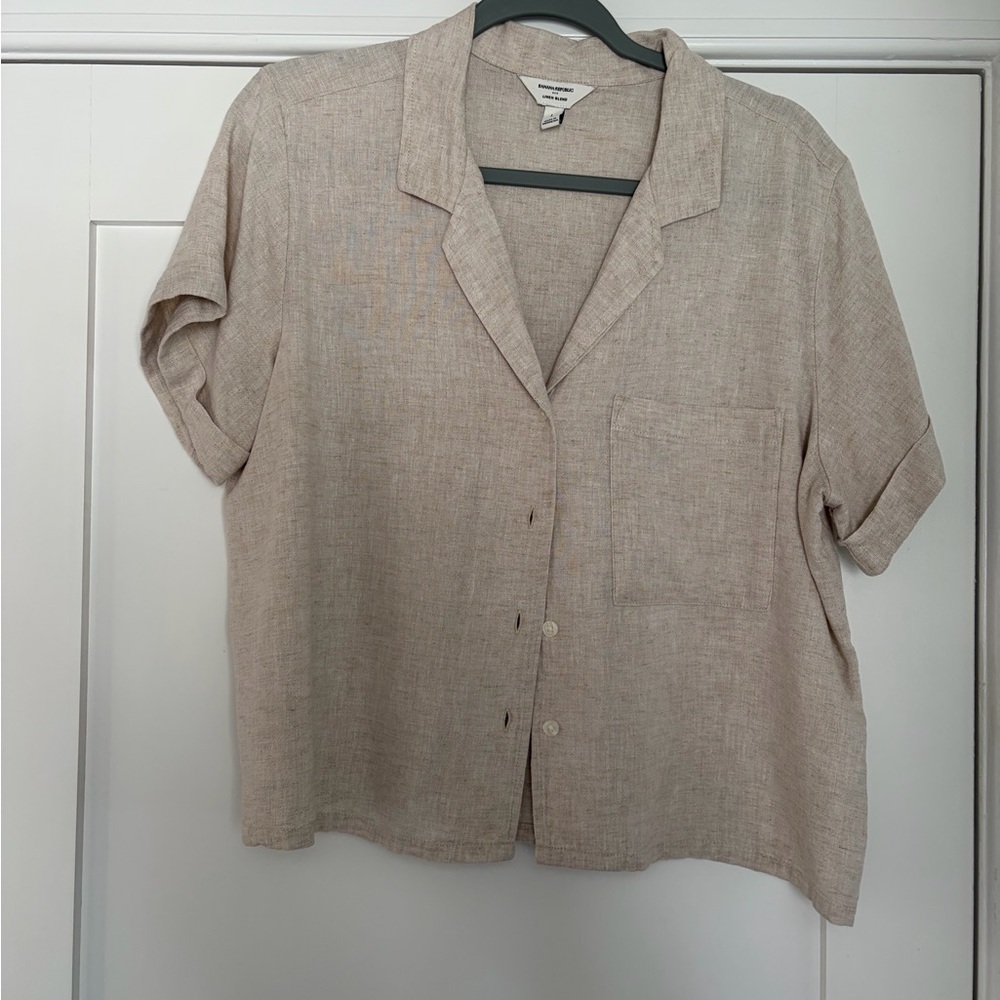 Banana Republic Linen Blend Button Front Top Size L Neutral Beige Short Sleeve